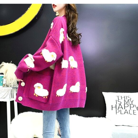 HOT PINK FUSCHIA ONE SIZE DEEP V CARDIGAN SWEATER WITH WHITE AND YELLOW SHEEP - Picture 1 of 3